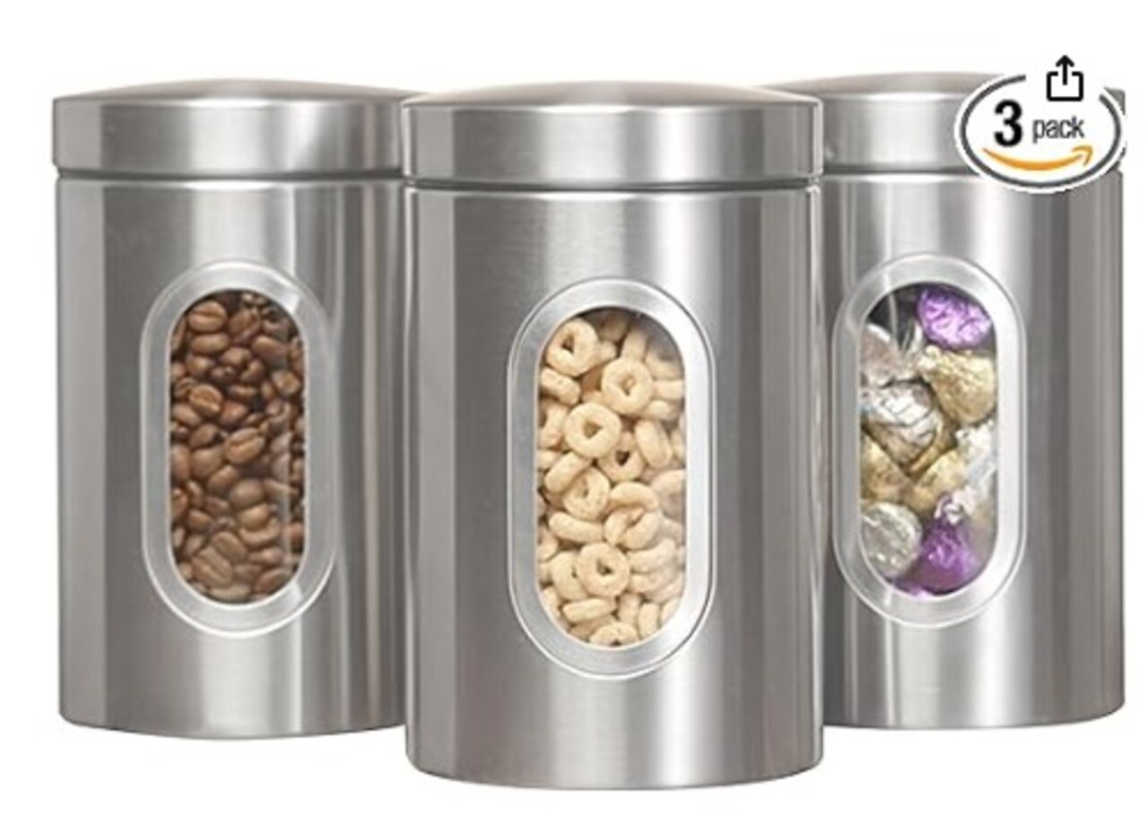 Large Kitchen Canister Sets, 50 oz. Kitchen Canisters with Visible Window, Airtight Coffee Tea Sugar Container Set, 3 Piece Stainless Steel Food Storage Containers